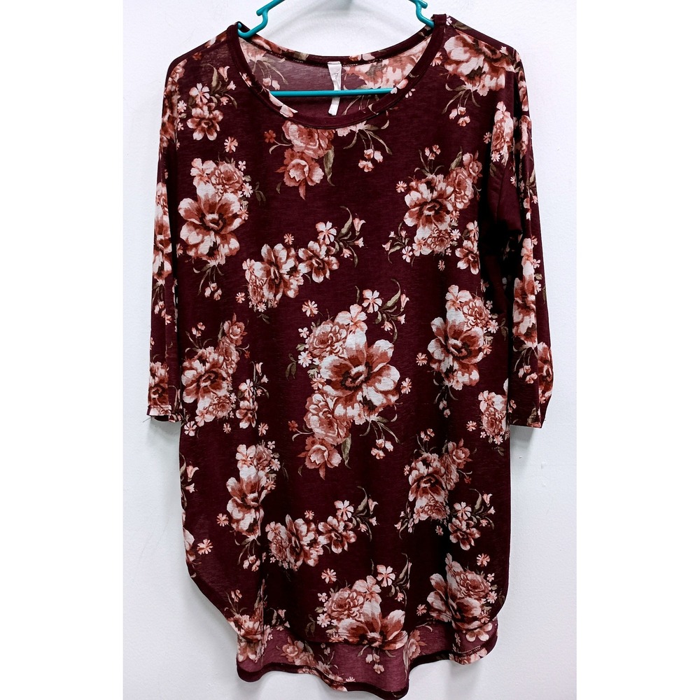Honeyme BOHO Tunic Top Womens Medium Burgundy Floral‎ 3/4 Sleeve High Low Casual